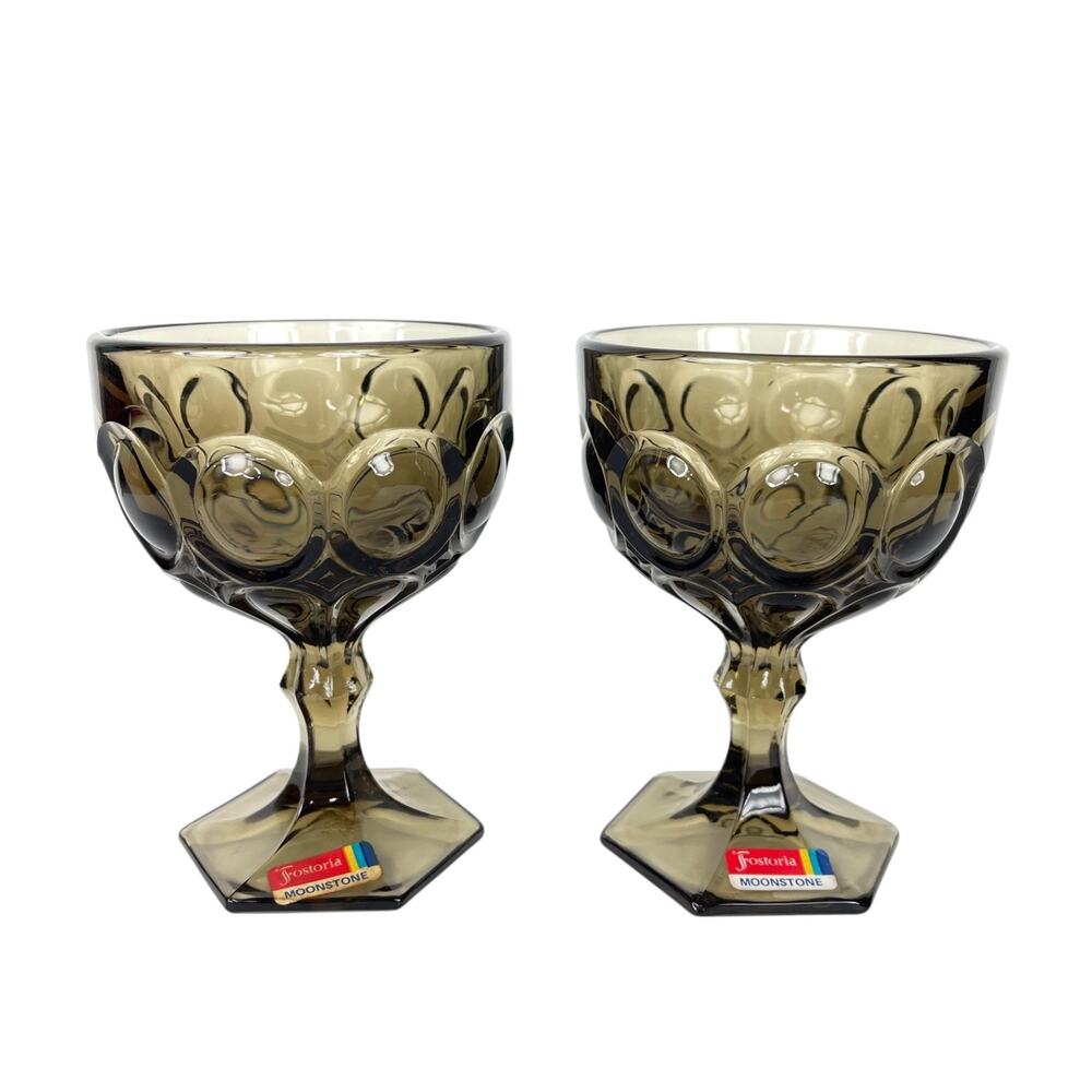 Lot Of 2 Fostoria Moonstone Smoke Taupe (Brown) Clear Glass Goblets 5" Tall